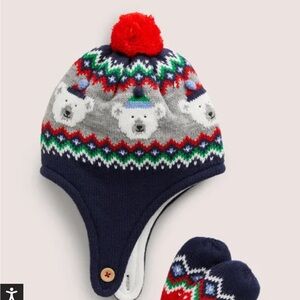 Boden bear Hat and Mitten set - fair island navy - size 0-6 months